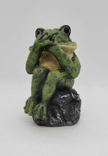 Unbranded Frog Speak No Evil Piggy Bank, ceramic frog figurine with a green finish, black eyes, sitting on a black rocky base with a hollowed out body for savings.