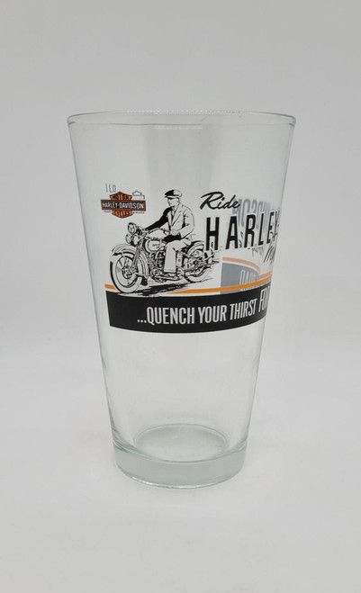 Harley-Davidson Motor Cycles Quench Your Thirst Pint Glass, transparent glass featuring Harley-Davidson logo with a vintage motorcycle illustration and slogan