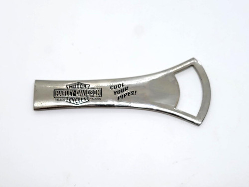 Harley-Davidson Motor Cycles Cool Your Pipes Bottle Opener, metallic bottle opener with Harley-Davidson logo and slogan.