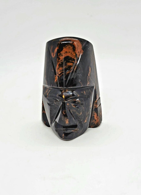 Unknown Mayan/Aztec Polished 3-inch Bust Statue, a carved sculpture of a face with detailed facial features and a glossy black and brown marbled finish.