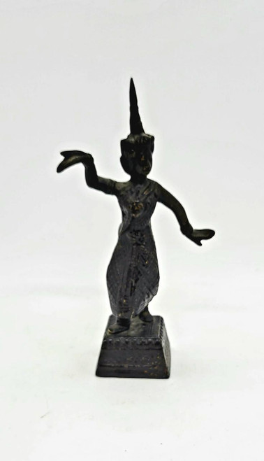 Unknown Bronze Thai Art Figurine Siamese Khon Temple Dancer, intricate metal sculpture depicting a traditional Thai temple dancer with detailed attire and posture.