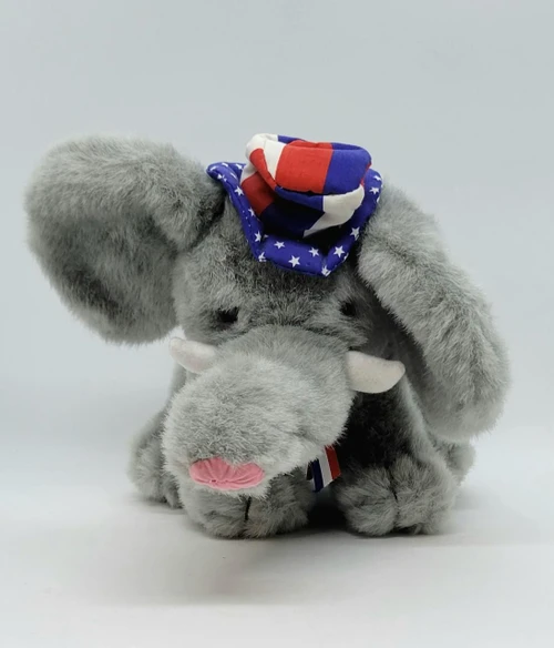 Gibson Greetings 1996 Patriotic Elephant Stuffed Animal, plush gray elephant with a pink trunk wearing a small American flag bandana and a patriotic hat.
