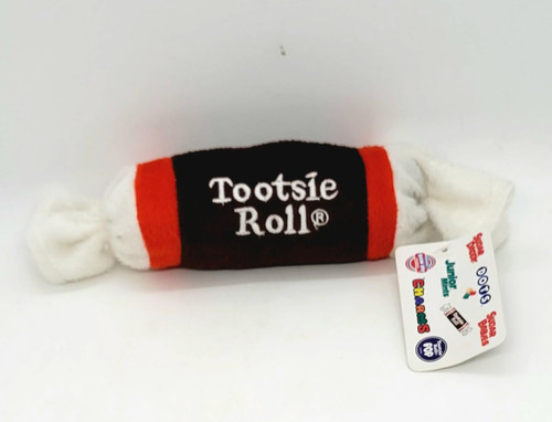 Goffa International Tootsie Roll Bean Bag Advertising Toy, a plush bean bag designed to resemble a Tootsie Roll candy with black, red, and white colors and branded with the Tootsie Roll logo.