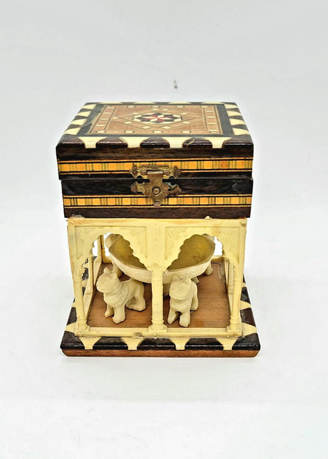 Unknown Alhambra Fountain and Palace Jewelry Box, antique wooden decorative jewelry box with miniature fountain and palace design, intricate carvings and inlaid details.