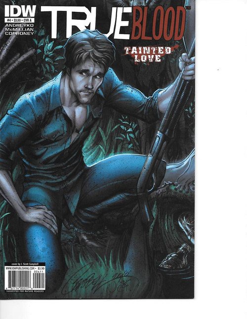 IDW True Blood Tainted Love #4A comic book, cover art featuring a man crouching in a jungle setting holding a gun, near mint condition.