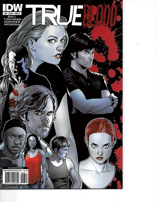 IDW True Blood #6A comic book cover, featuring illustrated characters from the series including vampires, humans, and supernatural beings in a dramatic pose with blood splatters in the background.
