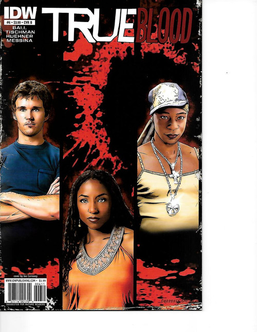 Product IDW True Blood #6B (2010 IDW), Fine, comic book cover featuring three illustrated characters and a blood splatter background.
