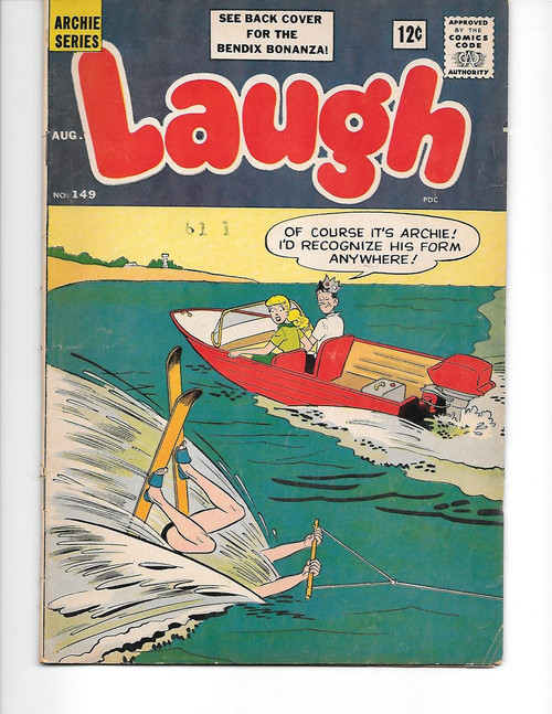 Archie Comics Laugh #149, vintage comic book cover from 1946 featuring a humorous boat scene with a character falling overboard and others on the boat, in good condition.