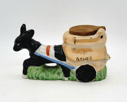 Unknown Vintage Donkey Pulling Cart Of Ashes Ashtray Figurine Made in Japan, ceramic donkey figurine with a cart labeled 'ASHES' and a wooden top, crafted as a vintage ashtray collectible.