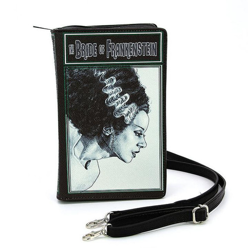 COMECO INC Bride of Frankenstein Book Clutch Bag in Vinyl, featuring a black and white illustration of the Bride of Frankenstein on the front with a detachable strap.