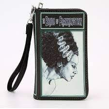 COMECO INC Bride of Frankenstein Wallet in Vinyl, wallet featuring a design of the Bride of Frankenstein character with a vintage style and black strap attached.