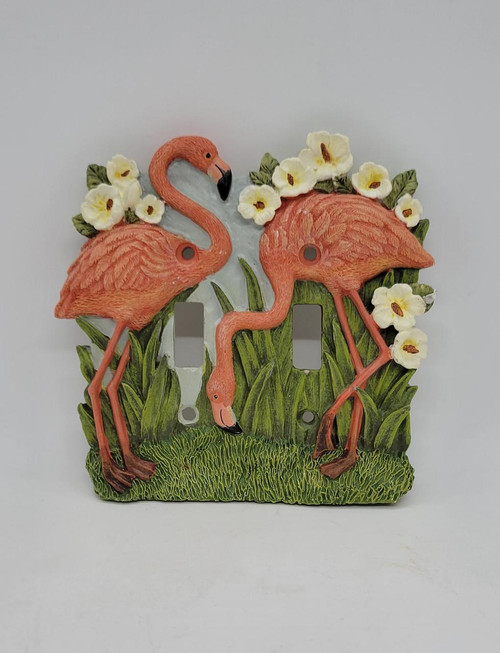 Unbranded Pink Flamingo 2 Toggle Resin Wall Plate, decorative wall switch plate featuring two pink flamingos surrounded by white flowers and green leaves.