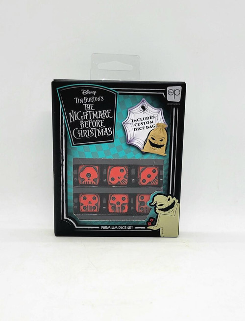 USAopoly Disney The Nightmare Before Christmas Premium Dice Set With Dice Bag, display of six custom red dice with black skull and moon designs and a small dice bag in the packaging.