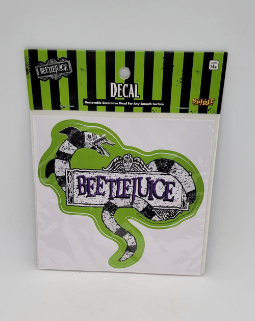 Beetlejuice Decal, removable decorative sticker featuring a black and white striped snake with a skull and a sign reading 'BEETLEJUICE' in purple letters, suitable for smooth surfaces.