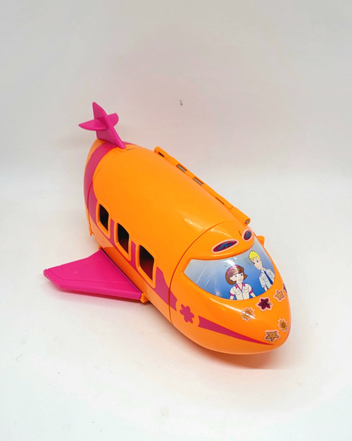 2002 Polly Pocket Groovy Getaway jet that is orange with pink stripe and wings.  