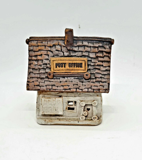 Windy Meadows Pottery Post Office Clay House, decorative ceramic miniature model of a post office building with textured brick wall and postal box detail.