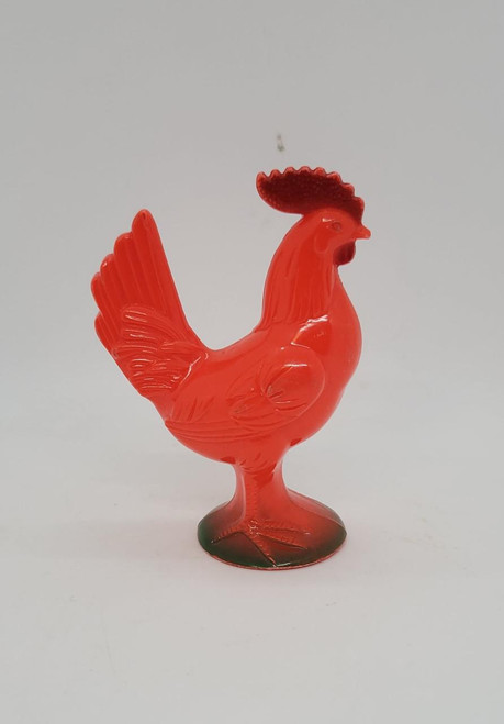 Unknown Vintage Red Hard Plastic Rooster Toy Figure, vintage red rooster figurine made of plastic with detailed feathers and standing on a round base.