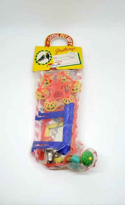 ACME Vintage Acme Pet Products Christmas Stocking For Birds, colorful bird toy gift set in original packaging with various toy parts and accessories.