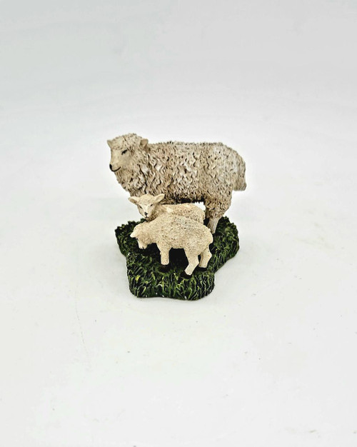 Williamsburg Collectibles 2002 Sheep - Ewe with Lambs, miniature figurine of a ewe and lambs on a grassy base.
