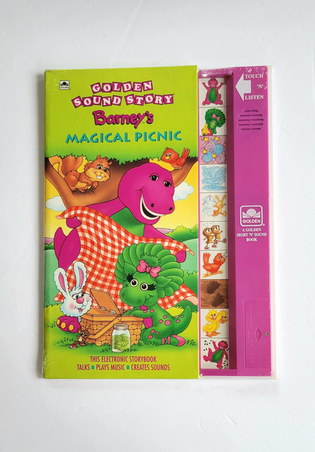 Barney's Magical Picnic Golden Sound Story children's book.  The book is a sight n' sound book.  Ten zany sound effects--ranging from Barney speaking to ants marching--highlight a fun-filled story about Barney, his friends, and their extraordinary picnic.