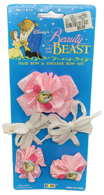 Disney Vintage 1992 Disney's Beauty and the Beast Hair Bow and Sneaker Bow Set, set includes pink polka dot hair bows with Belle and Beast charms and white shoelace bows.