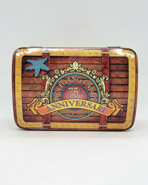 Wolfgang Candy 75th Anniversary Hinged Treasure Chest Tin, decorative anniversary commemorative collectible tin with wood and vintage design.