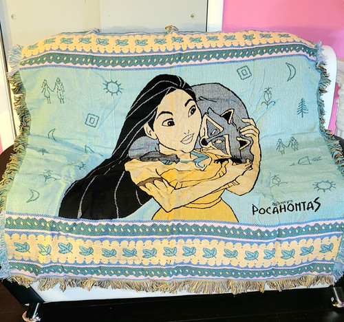 Vintage Disney's Pocahontas 50" x 60" fringed throw made of 100% Acrylic. The throw was made in the USA by Beacon, the blanket brand.