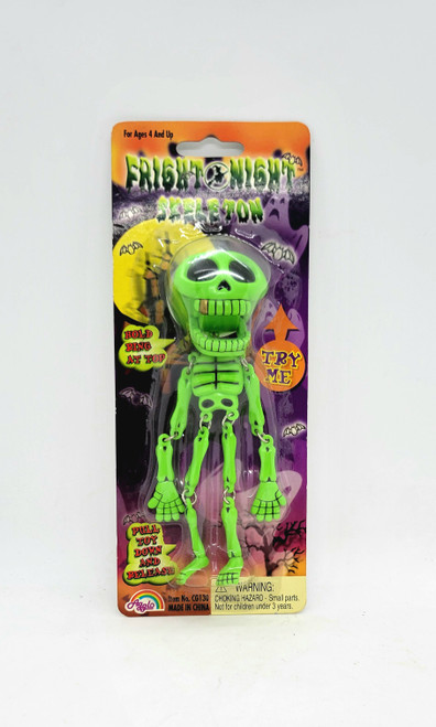 2001 AGGLO Corp Fright Night Skeleton novelty toy.  The green skeleton works by pulling down and releasing the skeleton.