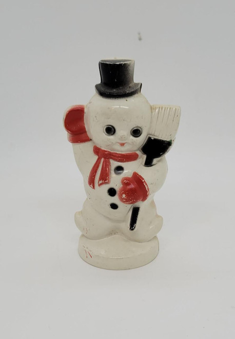 Unknown Vintage Hard Plastic Snowman Figure, a cute snowman with a top hat, red gloves, a red scarf, black buttons, and holding a broom.