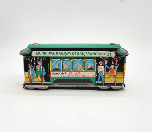 Unknown Vintage Municipal Railway of San Francisco Tin Litho Friction Trolley Cable Car, vintage tin litho friction trolley representing San Francisco's municipal railway system.
