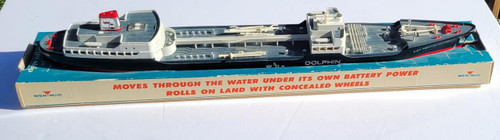 WEN-MAC Vintage AMF Wen-Mac Dolphin Cargo Ship (NO MOTOR), detailed model of a classic cargo ship with intricate design, comes with a blue and white box.