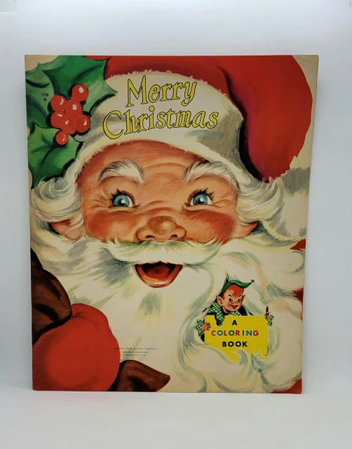 Abbott Publishing Vintage 1950's Santa Merry Christmas Large Coloring Book, colorful vintage holiday illustration of Santa Claus with holly and an elf on the cover.