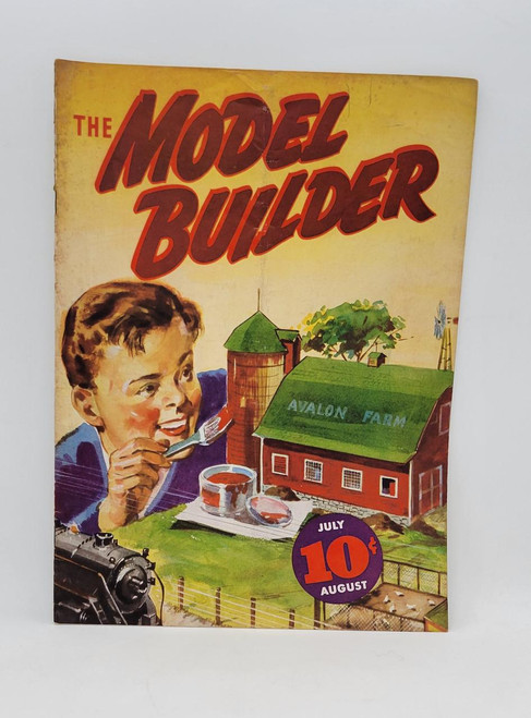Lionel Trains The Model Builder Vol 1. No.4 July - August 1937, vintage magazine cover featuring a boy eating, a model farm with a barn labeled 'Avalon Farm', a steam locomotive, and a purple circle indicating the price of 10 cents for July and August.