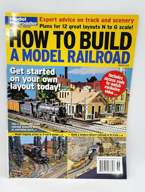 Model Railroader How to Build a Model Railroad - Winter 2013, magazine cover featuring a model train station and two model trains on tracks with miniature landscapes and buildings.