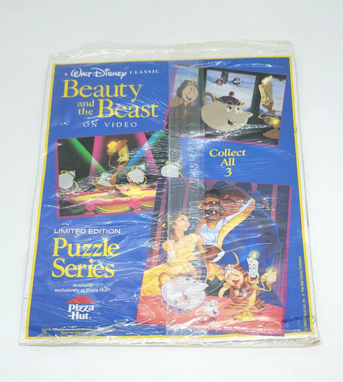 Pizza Hut Kids Meal 1992 Beauty and the Beast limited edition puzzle series.  The puzzle features Mrs. Potts, Lumiere and Cogsworth. 