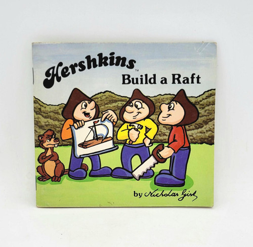 Hershey's Hershkins Build a Raft by Nicholas Gish - 1984, vintage board game box featuring cartoon characters building a raft outdoors with mountains and a bear in the background.