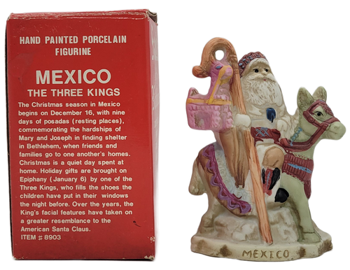 RSVP Int 1991 Santa's of the Nations hand painted porcelain figurine International Santa representing "The Three Kings", the Santa best known in Mexico. Early representations of the gift-giver from Church history and folklore, notably St Nicholas, merged with the English character Father Christmas to create the mythical character known to the rest of the English-speaking world as "Santa Claus"