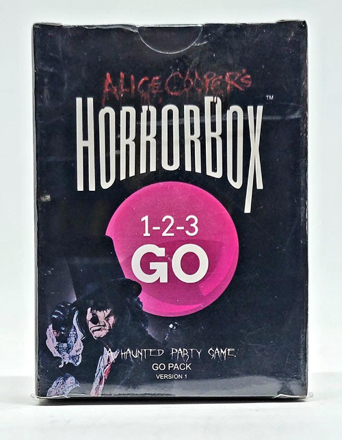 Fitz Games Alice Cooper's HorrorBox: 1-2-3 GO - A Haunted Party Game, featuring a dark haunted-themed box with spooky artwork and Alice Cooper's name in horror style font.