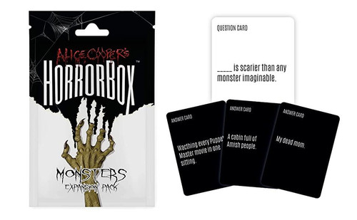 FITZ Games Alice Cooper's HorrorBox: Monsters Expansion Pack - A Haunted Party Game, product image showing the horror-themed card game and answer cards with spooky illustrations.
