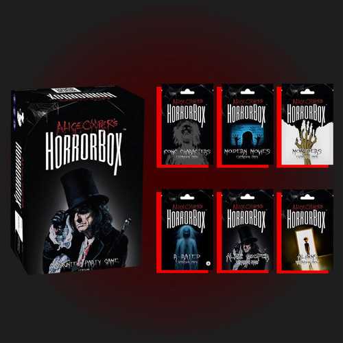 FITZ Games Alice Cooper's HorrorBox: Super Pack Bundle, collection of horror-themed card expansion packs including Iconic Characters, Modern Movies, Monsters, Haunted Party Game, Alice Cooper Frightening Pack, and Aliens.