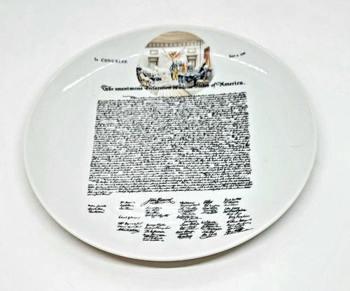 Unknown Declaration of Independence 10-inch Commemorative Plate, white ceramic plate featuring a detailed image of the Declaration of Independence with signatures at the bottom and a historic scene of the signing at the top.