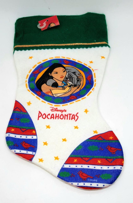 Disney's Pocahontas Christmas Stocking, festive holiday sock featuring Pocahontas holding a wolf, with colorful patterns and holiday accents.