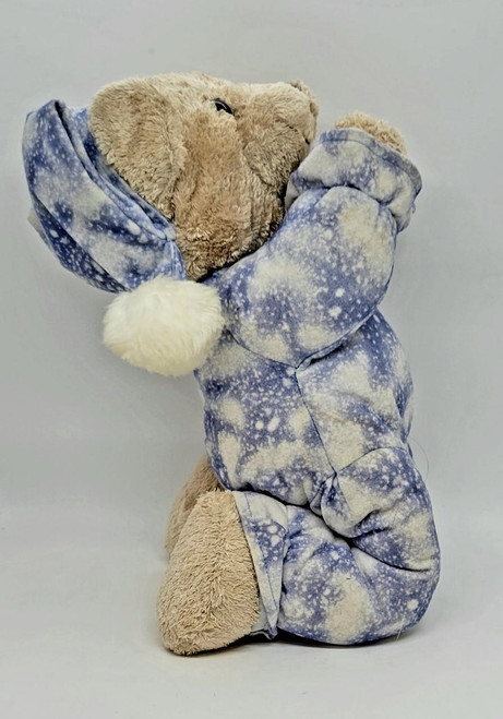 Unbranded Praying 12" Plush Teddy Bear, beige teddy bear in a blue speckled pajamas with a white pom-pom hat, showing praying pose.