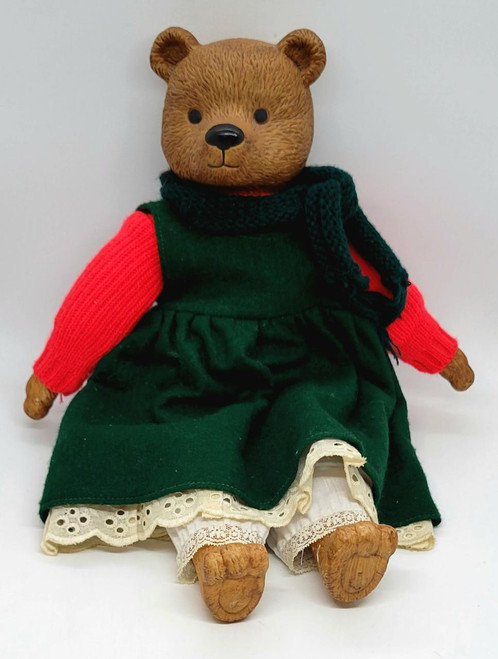 C. R. H. International Christmas 15" Ceramic and Fabric Teddy Bear, festive plush teddy bear wearing a green dress, red sweater, black scarf, white lace-trimmed pants, and brown shoes.