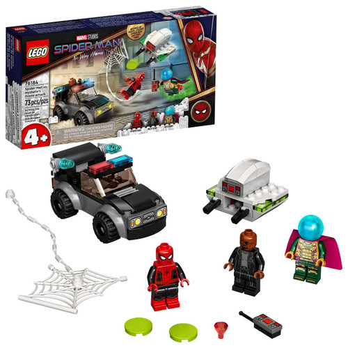 LEGO 76184 Marvel Studios Spider-Man No Way Home Spider-Man vs. Mysterio's Drone Attack set, featuring Spider-Man, Mysterio minifigures, a police vehicle, drone, and various accessories from the Marvel Spider-Man universe.