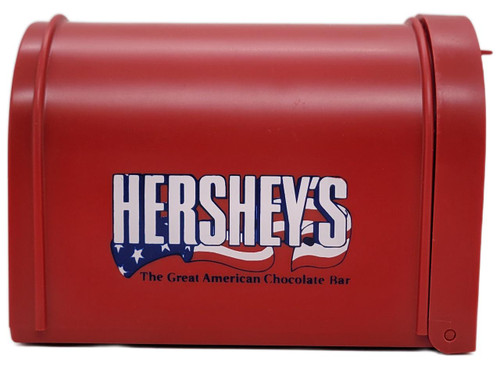 Hershey's 1988 The Great American Chocolate Bar Small Plastic Red Mailbox, vintage promotional collectible mailbox shaped like a red mailbox with Hershey's logo and American flag design.