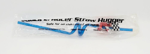 Chuck E. Cheese 2000 Chuck E. Racer Straw Hugger, blue flexible straw with a red plush character attached, in clear plastic packaging.