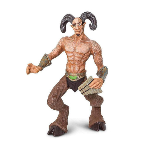 Safari Ltd Mythical Realms Satyr, detailed figurine of a mythological satyr with goat-like features, large curved horns, muscular upper body, and dressed in fantasy attire.