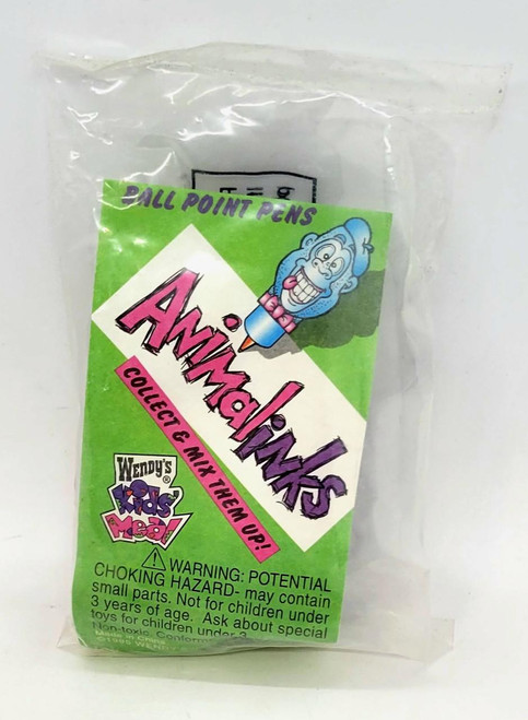 Wendy's Kids' Meal Toy 1995 Animalinks Ball Point Pens - Monkey, green and white packaging with cartoon monkey illustration and warning label.