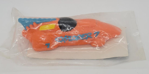 Wendy's Kids' Meal Toy 1992 Rocket Car - Orange, image of a toy rocket car in orange color with details like a black circle and a yellow stripe, still in its original plastic packaging.